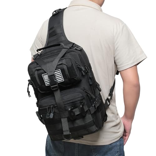 Tactical Sling Bag Backpack Military Rover Shoulder Sling Pack EDC Molle Range Bag Crossbody Chest Pack (Black) - color: Black