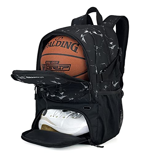 GRANDUP Basketball backpack with ball and shoes compartment Fit Volleyball, soccer, Swim, Gym, Travel, and School, large capacity sports training equipment bags - color: black marble