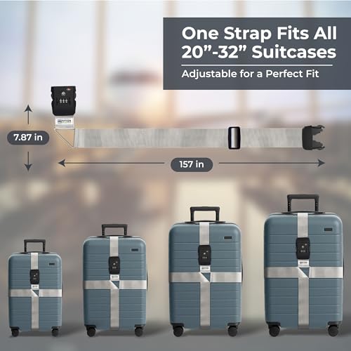 Nylon Luggage Straps for Suitcases | TSA Approved Adjustable Strap w/ 3-Digit Combo Lock | Heavy Duty Belt for 20-32 Inch Suitcases | Travel Luggage Belt Strap for Easy Identification (Silver Grey) - color: Silver Grey