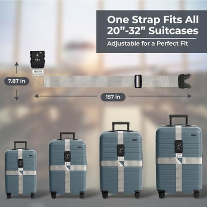 Nylon Luggage Straps for Suitcases | TSA Approved Adjustable Strap w/ 3-Digit Combo Lock | Heavy Duty Belt for 20-32 Inch Suitcases | Travel Luggage Belt Strap for Easy Identification (Silver Grey) - color: Silver Grey