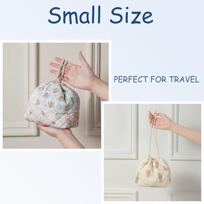 Cotton Quilted Drawstring Makeup Bag with Canvas Lining,Coquette Aesthetic Cute Travel Toiletry Bag,Drawstring Gift Bag for Women and Girls（02Light Blue Flower） - color: 02Light Blue Flower