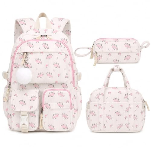 Backpack for Girls, 3PCS Corduroy Girls Schoolbag Set with Lunch Bag & Pencil Pouch, Lightweight Teen Girl Backpacks for Elementary Middle High School Bookbag Laptop Bag Travel Daypack - color: Pink Rose