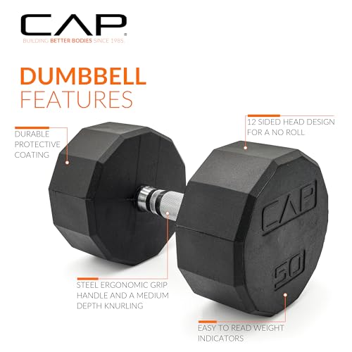 CAP Barbell Coated Hex Dumbbell Weight - Single | 10-120 lbs | Multiple Options - size: 50 lb, style: 12-Sided - Chrome Handle