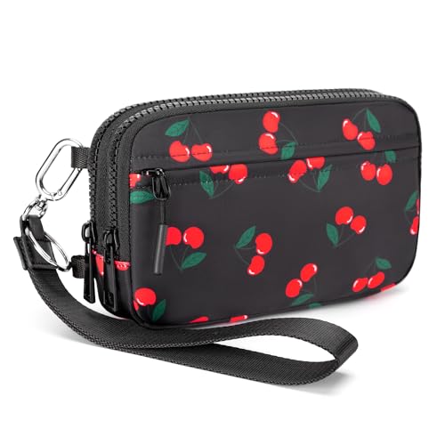 FODOKO Wristlet wallets for women Nylon Quilted Wallet with 4 Zippers,Travel Credit Card,Holder Cell Phone Organizer - color: Cherry
