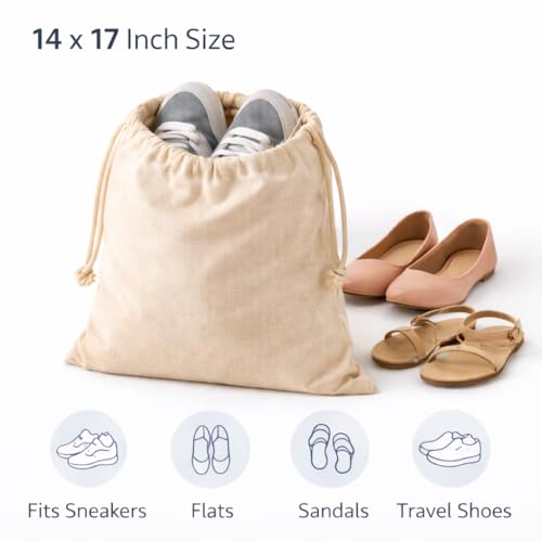 Cotton Shoe Bags with Drawstring | Dustproof, Washable Travel Shoe Pouch | Natural Canvas Organizer for Men & Women | Fits Sneakers, Sandals, Slippers | 14” x 17” (Pack of 3) - color: Cotton, style: Pack 3