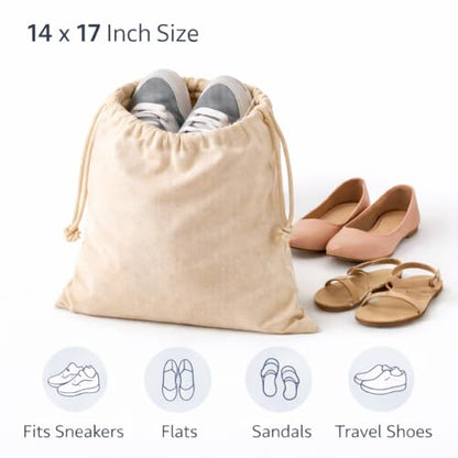Cotton Shoe Bags with Drawstring | Dustproof, Washable Travel Shoe Pouch | Natural Canvas Organizer for Men & Women | Fits Sneakers, Sandals, Slippers | 14” x 17” (Pack of 3) - color: Cotton, style: Pack 3