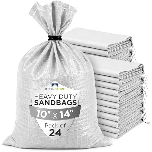 Heavy Duty Sand Bags Pack of 24, White Empty Sandbags with Built-In Ties, Woven Polypropylene UV Protection 1600 Hours, Fillable Bags for Flood Control, Weight, 10x14 inches, 15 Pounds Volume - size: 10"W x 14"L, style: Pack of 24
