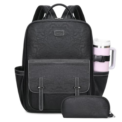 Vegan Leather Laptop Backpack for Women Designer 15.6 Inch PU Laptop Bag, Ladies Travel Computer Work Backpack - color: Black