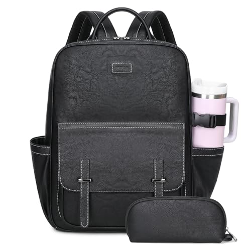 Vegan Leather Laptop Backpack for Women Designer 15.6 Inch PU Laptop Bag, Ladies Travel Computer Work Backpack - color: Black