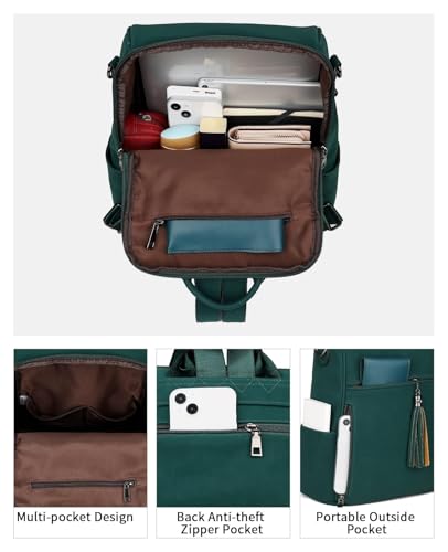 FADEON Leather Backpack Purse for Women Designer Travel Backpack Purses PU Fashion Ladies Shoulder Bag with Tassel - color: 1 Dark Green Nubuck Style