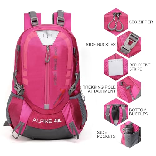 Hiking Backpack Camping 40L Outdoor Daypack Lightweight Travel Backpack with Rain Cover for Women Men (Pink) - color: Pink