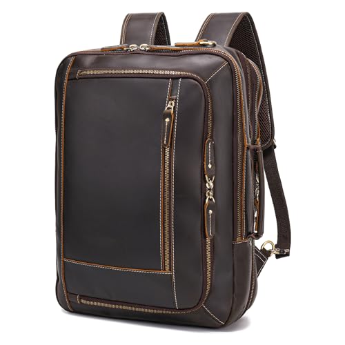 LANNSYNE Leather 17" Laptop Backpack For Men, 2-in-1 Expandable Briefcase - color: Brown
