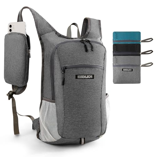 Small Hiking Backpack with Detachable Front Phone Holder, Foldable Packable Back pack with Chest and Waist Strap, Lightweight Daypack for Women Men (Gray, 15L) - color: Gray