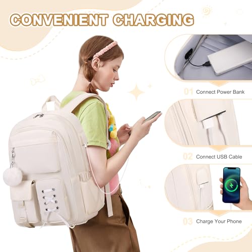 Scothen Backpacks for Girls, Girls Backpack with Lunch Box & Pencil Pouch for Teens Girl Kids Elementary Middle High School College Student Bookbag Daypack Laptop Travel Backpack for Women - color: Beige