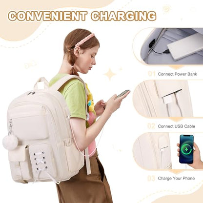 Scothen Backpacks for Girls, Girls Backpack with Lunch Box & Pencil Pouch for Teens Girl Kids Elementary Middle High School College Student Bookbag Daypack Laptop Travel Backpack for Women - color: Beige