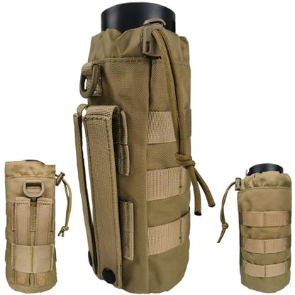 Tactical MOLLE Water Bottle Holder, Upgraded Water Bottle Pouch with Drawstring Open Top & Mesh Bottom, 16/24/25/32oz Water Bottle Carrier Bag with D-Ring Hook for Backpack - color: Brown