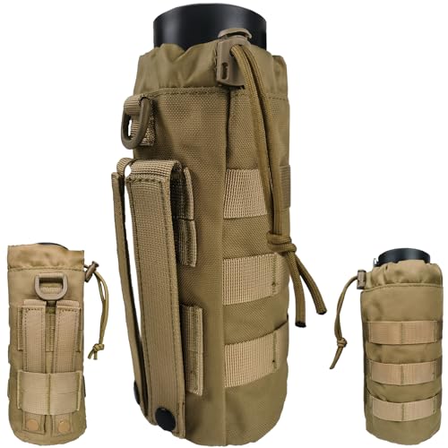 Tactical MOLLE Water Bottle Holder, Upgraded Water Bottle Pouch with Drawstring Open Top & Mesh Bottom, 16/24/25/32oz Water Bottle Carrier Bag with D-Ring Hook for Backpack - color: Brown