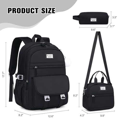 Bevalsa Backpack for Girls, 3PCS School Backpacks with Lunch Box - color: Black, size: 15.6 inch