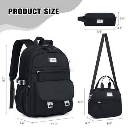 Bevalsa Backpack for Girls, 3PCS School Backpacks with Lunch Box - color: Black, size: 15.6 inch