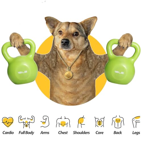 15 lbs Kettlebell, Green Vinyl Coated with Wide Handle for Strength Training, Body Building, Yoga, Fitness