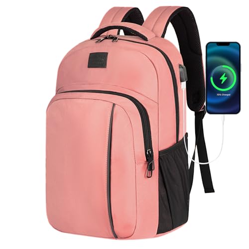 LARIPOP 17.3 Inch Laptop Backpack,40L Lightweight Oxford Travel Business Carry-On for Men Women, Water-Resistant Computer Bag with USB Charging, Anti-Theft Pocket, Luggage Strap, Ergonomic Padded Back - color: Flesh Pink, size: 17.3inch