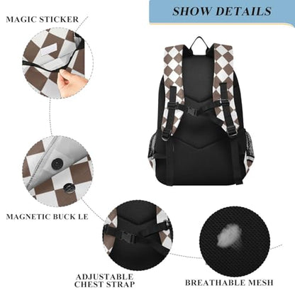 White Brown Multi Compartment Student Backpack Reflective Stripes Travel Bag Casual Daypack School Bags for Boys Girls