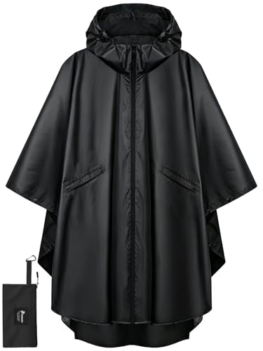 PTEROMY Hooded Rain Poncho for Adult with Pocket and Zipper, Waterproof Lightweight Raincoat for Men and Women - color: Black