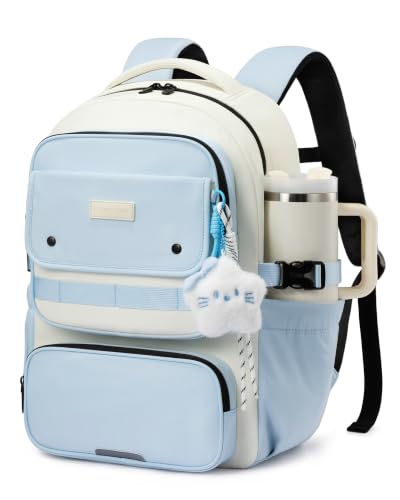 LOVEVOOK School Backpack for Teen Girl, Cute Bookbag with Large Bottle Holder, Lightweight Elementary Middle High School Student Backpack Fits 16 Inch Laptop, Back to Schools Kid Gift, Blue-Cream - color: Light Blue - Cream, size: 16 Inch