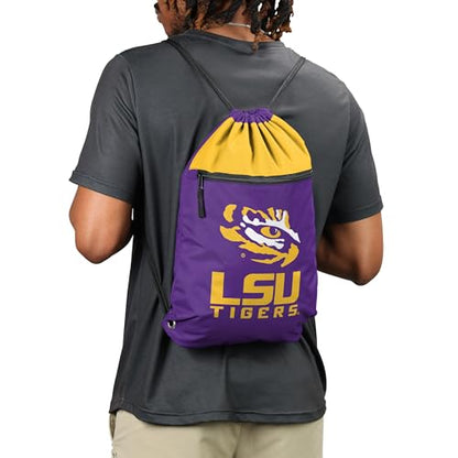 FOCO NCAA Officially Licensed Unisex Team Color Collage Primary Logo Wordmark Drawstring Backpack With Zippered Pocket - LSU Tigers - color: Lsu Tigers
