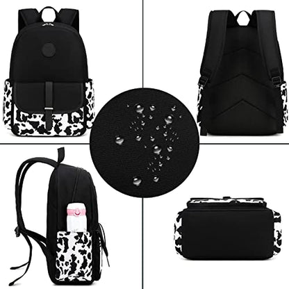 Bluboon Backpack for School Teen Girls Bookbags with Lunch Bag & Pencil Case Aesthetic Water Resistant School Bags for Kids - color: Cow Print