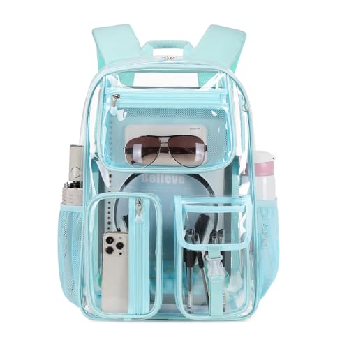 Cusangel Clear Light Blue Clear Bookbag For Girls woman, Heavy Duty stadium events BookBag,16inch TPU Large Capacity See Through Bag for Sport Events,Travel,Stadiums,Work - color: Aqua