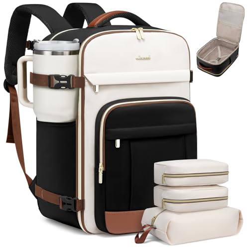 LOVEVOOK 50L Travel Backpack for Women & Men - 18 Inch Carry On Backpack & Personal Item Backpack for Airlines, Spacious and Durable Design, with 3 Packing Cubes - color: Black-beige-brown, size: X-Large-50L-4Pcs