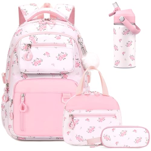 Bevalsa Backpack for Girls, School Bookbag Teen Girls Backpack Set with 14oz Insulated Water Bottle Stainless Steel, Lunch Bag & Pencial Case for Kids Elementary Middle Student (Pink Floral) - color: Pink Flower