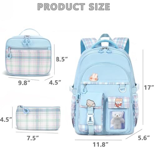 Girls Backpack with Lunch Box Cute School Backpack for Girls Kids Teens Kawaii Bookbag Set for Primary Elementary，Blue - color: Blue