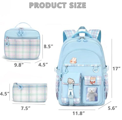 Girls Backpack with Lunch Box Cute School Backpack for Girls Kids Teens Kawaii Bookbag Set for Primary Elementary，Blue - color: Blue