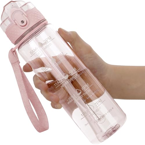 OLDLEY 17oz Kids Water Bottle, Tritan BPA-Free, Leakproof Flip Straw Lid, Motivational Time Marker, Carry Strap, Reusable Clear Water Bottle for Boys & Girls,Cherry Blossom - color: Cherry Blossom, style: 17 Ounces