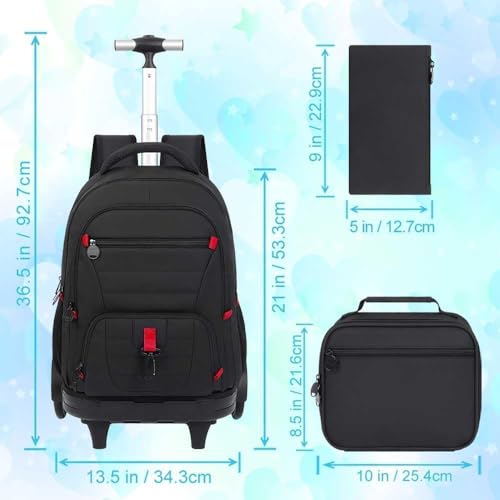 CCJPX 3Pcs Men & Boys Rolling Backpack with Bigger Wheels, Extra-Large Wheeled Bookbag with Lunch Box, Water Resistant Extra-Large Roller Luggage for Travel, Work, College (Black) - color: Black(upgrade Large Wheel)