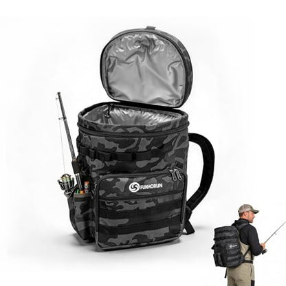 FUNHORUN Fishing Bucket Organizer for 5 Gallon Bucket, Fishing Tackle Bag with Backpack Straps, Detachable Lid & Multi-Pockets for Storage, Full Water-Resistant (Bucket, Seat & Tools Not Included) - style: Basic (Bucket, Seat & Tools Not Included)