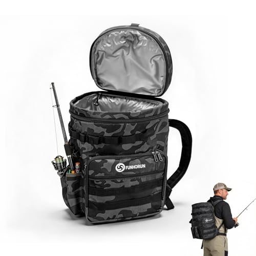 FUNHORUN Fishing Bucket Organizer for 5 Gallon Bucket, Fishing Tackle Bag with Backpack Straps, Detachable Lid & Multi-Pockets for Storage, Full Water-Resistant (Bucket, Seat & Tools Not Included) - style: Basic (Bucket, Seat & Tools Not Included)