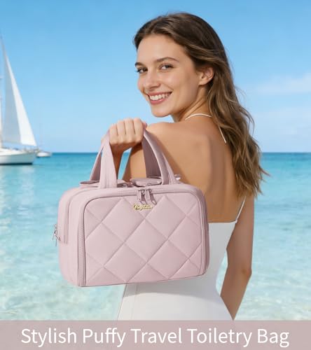 Travel Toiletry Bag, Large Wide-open Puffy Makeup Bag for Women Light Pink - color: Light Pink