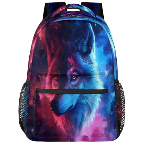 Kids School Backpack Wolf Animal Watercolor Galaxy Large Bookbag for Elementary Students Boys Girls Lightweight Travel Casual Daypack Water Resistant Outdoor Hiking Sport Rucksack - color: Watercolor Galaxy Animal Wolf