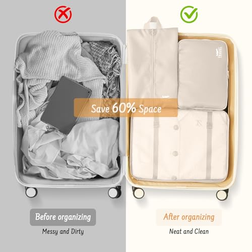 9 Set Packing Cubes for Travel Essentials - Lightweight Carry-On Luggage Organizer Bags with Shoe, Clothes & Laundry Bags for Airplane, Family & Business Travel, Beige - color: Beige