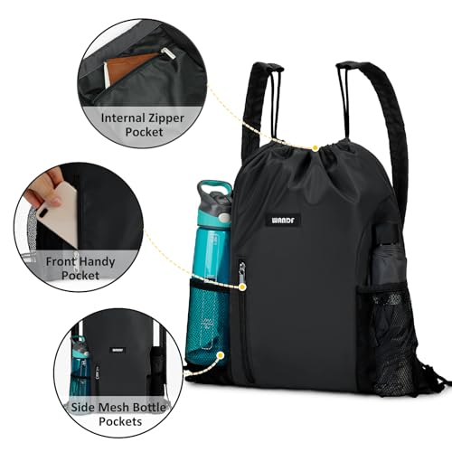 WANDF Drawstring Backpack, Gym String Bag with Shoulder Pad - color: M, Black, size: Medium