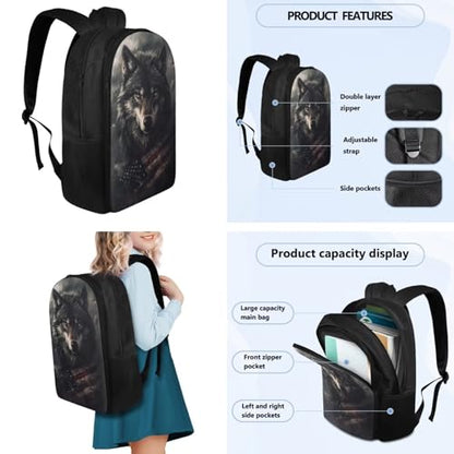 Flashideas American Flag Wolf Backpack for Boys Kids Backpack with Lunch Box 32 oz Water Bottle and Water Bottle Sleeve 4Pcs Set 17" Lightweight Bookbag with Compartments for School Sturdy School Bag - color: American Flag Wolf