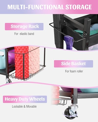 Mythinglogic Weight Rack for Dumbbells, Home Gym Storage for Yoga Mat Dumbbells Kettlebells and Strength Training Equipment, Dumbbell Rack with Wheels and Hanging Hooks - color: Black