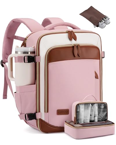 LOVEVOOK 40L Travel Backpack Carry On Airline Approved, Large Backpack with 3 Packing Cubes, TSA Travel Essentials Carry On Bag, Waterproof Weekender Overnight Luggage Daypack, Fits 17.3 Inch Laptop - color: Pink-beige-yellowbrown, size: Large - 17.3 Inch