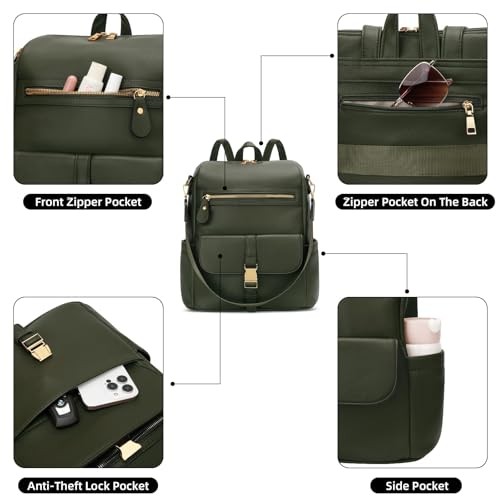 KKXIU Backpack Purse for Women - PU Leather Ladies Backpack for Daily with Anti-Theft Lock Pocket, Small Daypack with Luggage Strap & Water Bottle Pockets (Green) - color: Green
