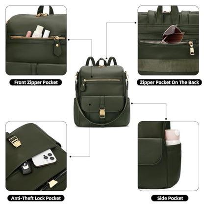 KKXIU Backpack Purse for Women - PU Leather Ladies Backpack for Daily with Anti-Theft Lock Pocket, Small Daypack with Luggage Strap & Water Bottle Pockets (Green) - color: Green