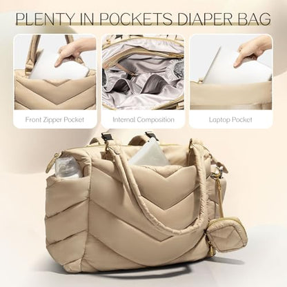 Diaper Bag Tote, Diaper Bag Backpack,Puffer Tote Bag with Pacifier Case, Lightweight Mommy for Hospital, Puffy with 10 Pockets, Convertible Baby for Travel, Apricot - color: Apricot