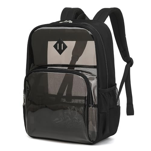 MUSEVOS Clear Backpack Heavy Duty for School - Waterproof PVC & Oxford Fabric 2-in-1 Design, Reinforced Shoulder Straps, Clear Bookbag for Girls, Women and Men Smoky - color: Black-semi-transparent